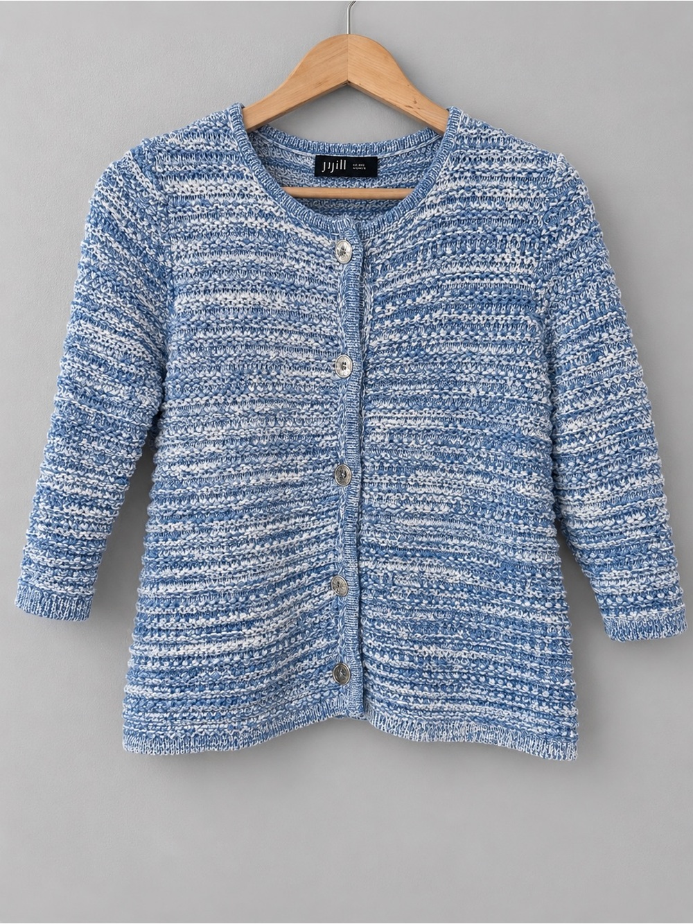 .Jill Wearever Petite Blue White 100% Cotton Marled Knit Button Cardigan